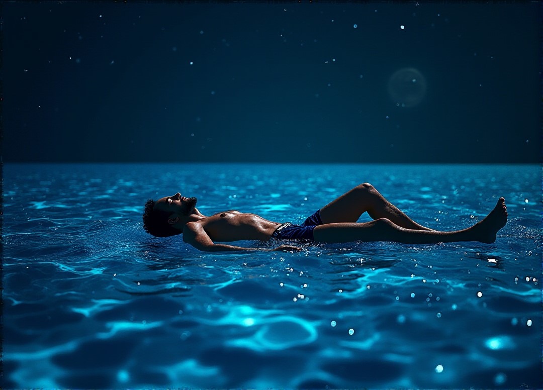 A man floating on the sea with tranquil bio luminescence surrounding his float