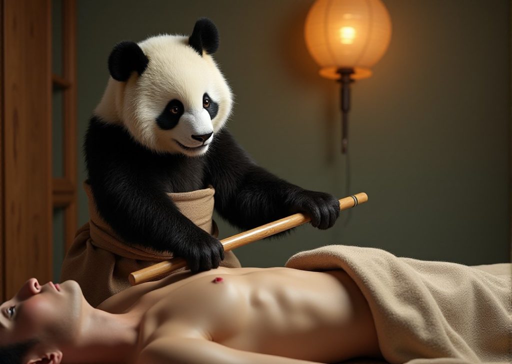 Panda giving a man a Bamboo Massage