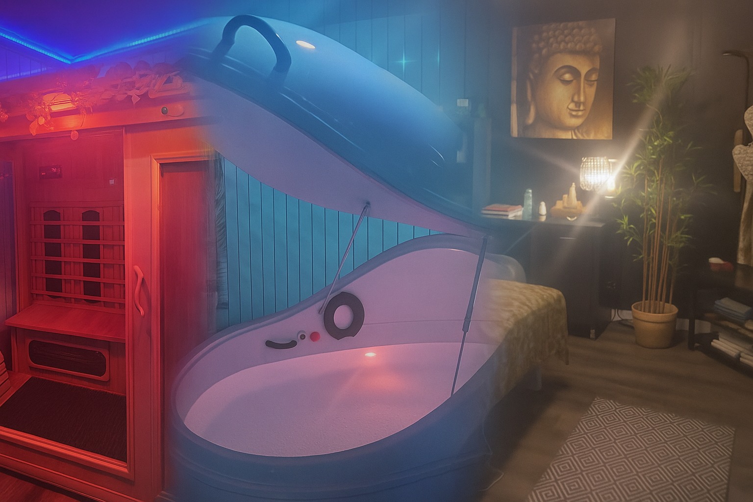 Infrared sauna, floatation pod, and massage room at Palm Springs Spa in Thorne — book your spa in Thorne online.